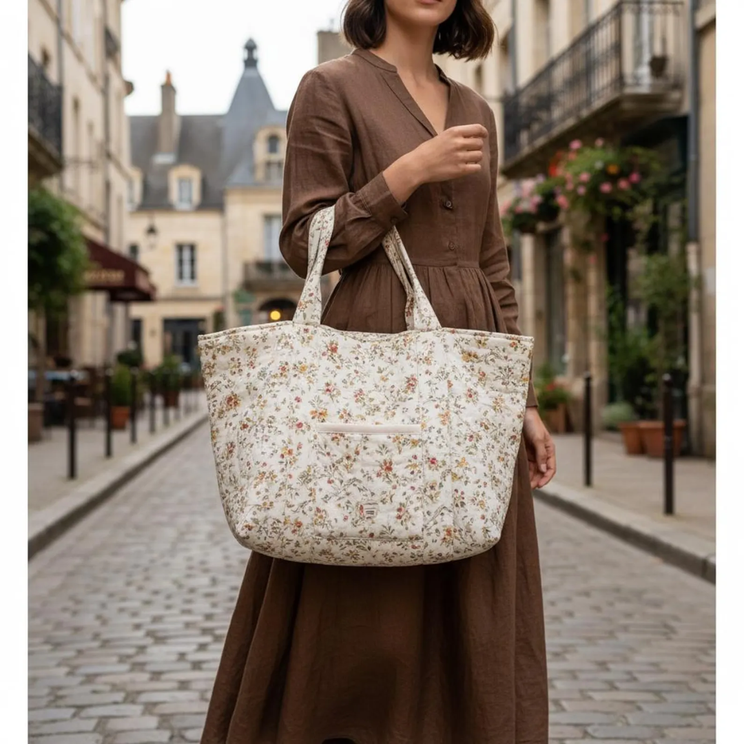 Quilted Tote Bag Sewing Pattern With Handles, Outer Pocket, and Inner Lining with Pockets, PDF, Video Tutorial