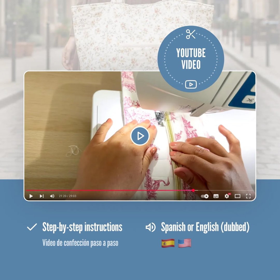 Quilted Tote Bag Sewing Pattern With Handles, Outer Pocket, and Inner Lining with Pockets, PDF, Video Tutorial