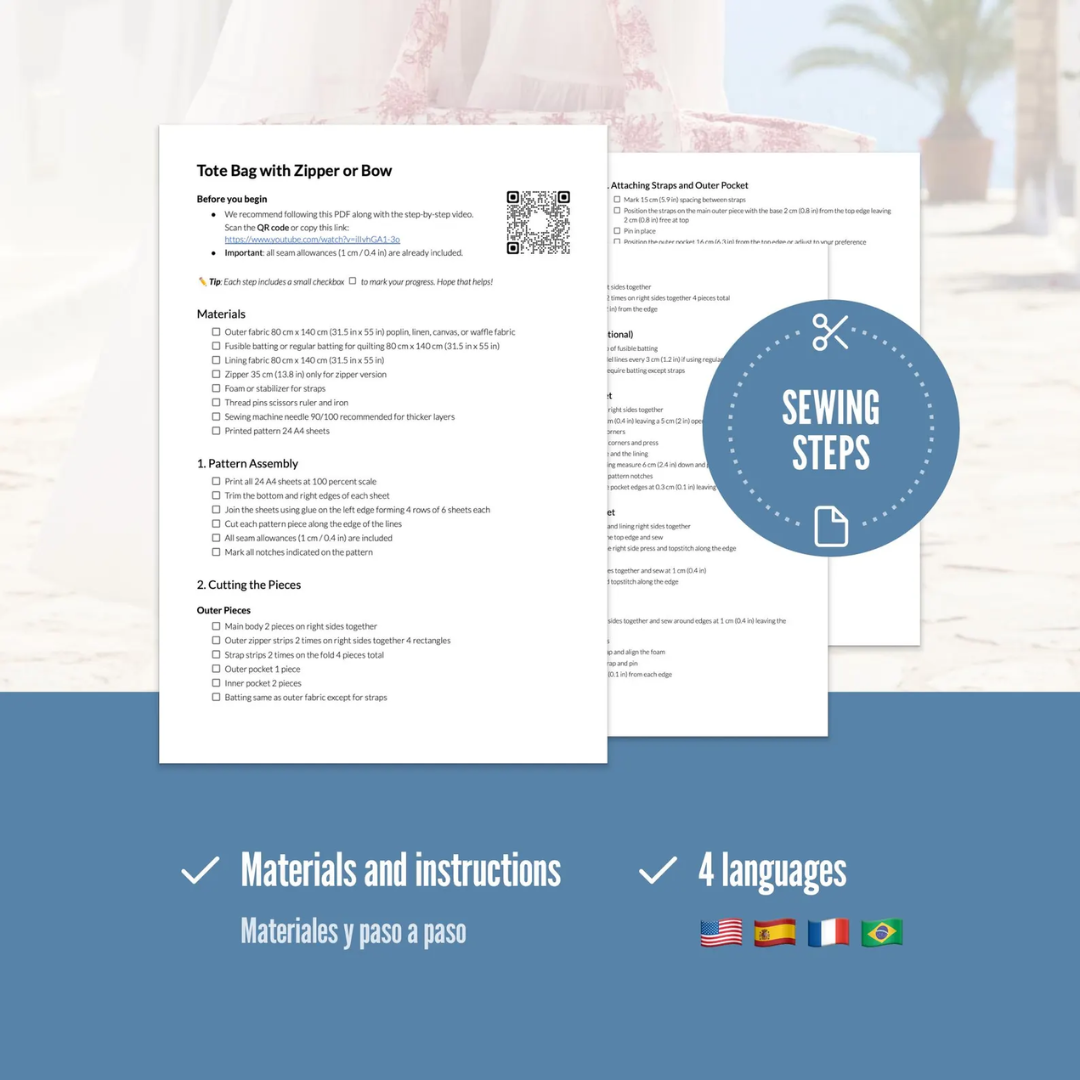 Quilted Tote Bag Sewing Pattern With Handles, Outer Pocket, and Inner Lining with Pockets, PDF, Video Tutorial